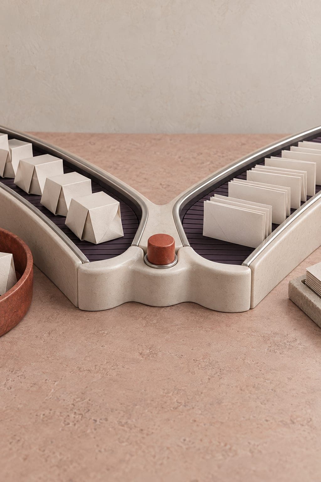 Two ceramic channels carrying folded paper shapes and correspondence slips.
